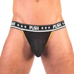 Push - Jockstrap Premium Mesh - Noir/jaune -Poppers Soldes push jockstrap premium mesh noir jaune 4 1 8978